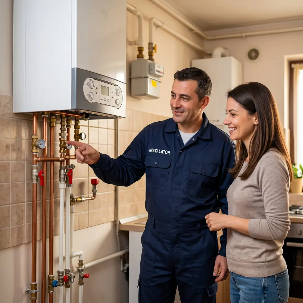 Un instalator profesionist și zâmbitor, în salopetă albastră, îi explică unei cliente modul de funcționare a unei centrale termice de perete, indicând spre manometrele și racordurile din cupru ale instalației dintr-o bucătărie.