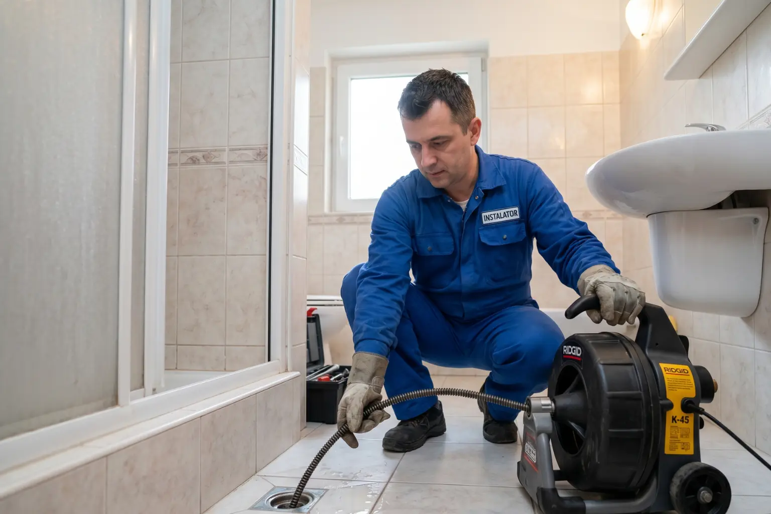 Un instalator în salopetă albastră folosește un aparat electric profesional cu cablu (șarpe de desfundat) marca Ridgid pentru a curăța scurgerea unui sifon de pardoseală într-o baie.