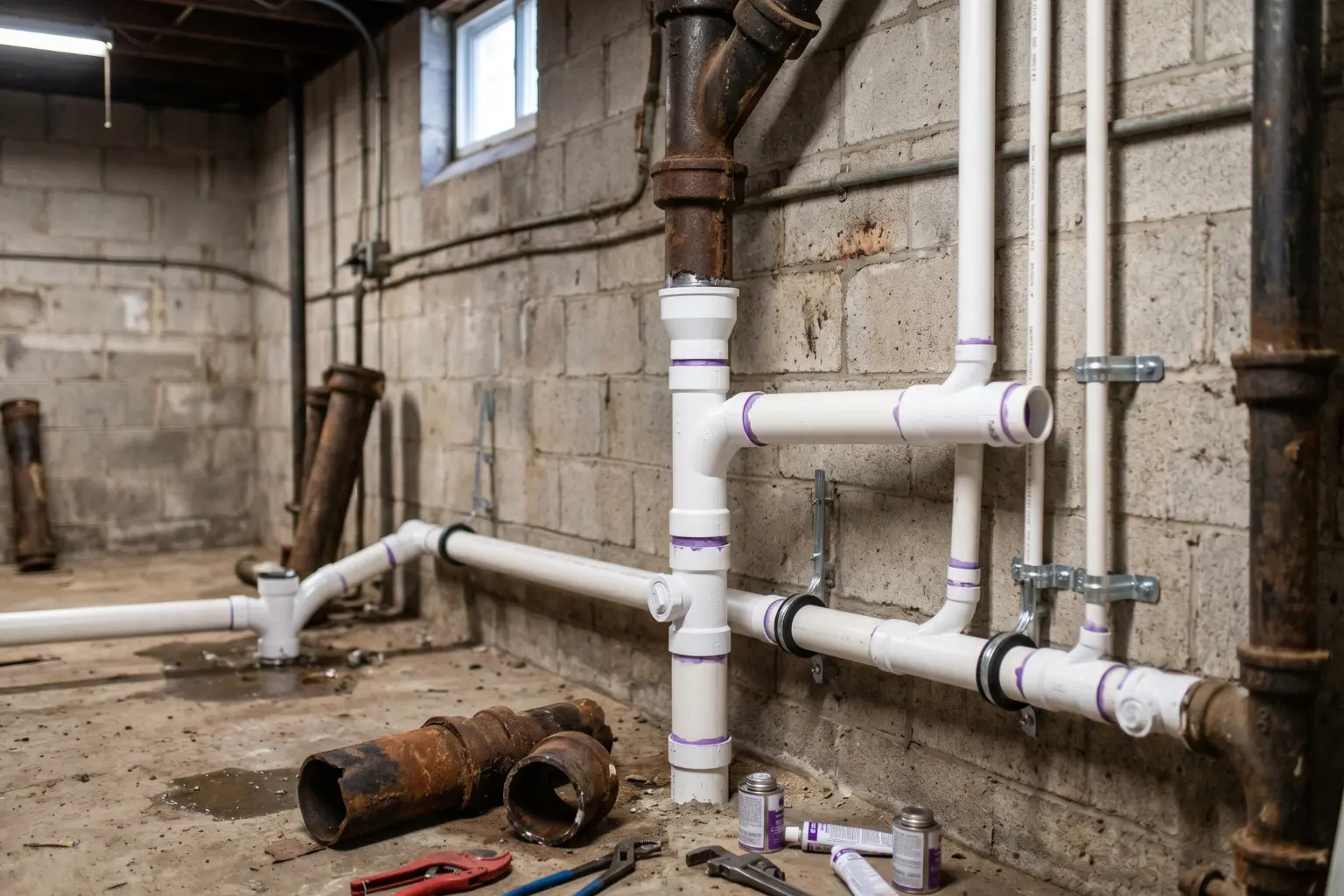 Lucrare de modernizare a instalației sanitare într-un subsol, ilustrând conectarea țevilor noi de scurgere din PVC alb la o coloană veche din fontă. Pe podeaua de beton se observă bucăți de țeavă ruginită demontate, clești de instalator și adeziv pentru PVC.