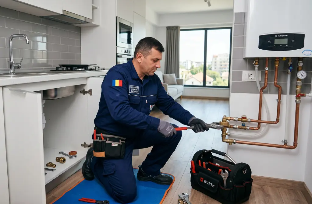 Un instalator profesionist în uniformă albastră, cu ecuson de București, strânge cu o cheie racordurile din cupru ale unei centrale termice de perete într-o bucătărie modernă.