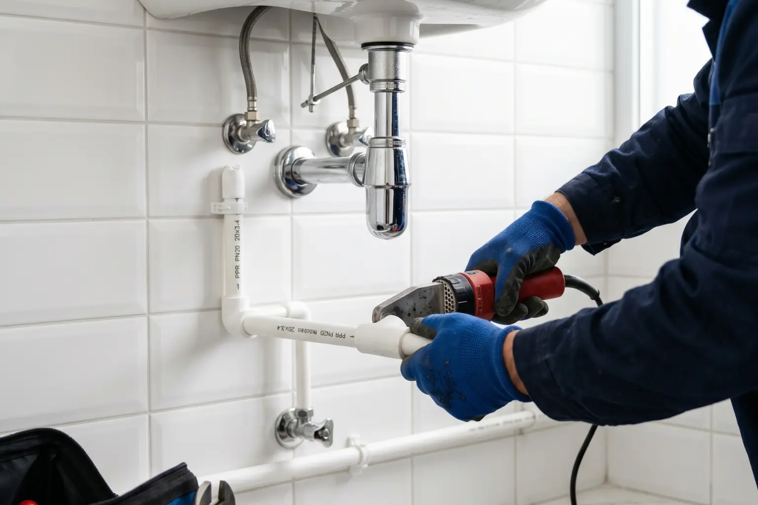 Mâinile unui instalator cu mănuși albastre folosind un aparat electric de sudură (plită) pentru a îmbina țevi din PPR alb sub o chiuvetă de baie. Pe gresie se află o geantă de scule albastră, bandă de teflon și alte unelte.