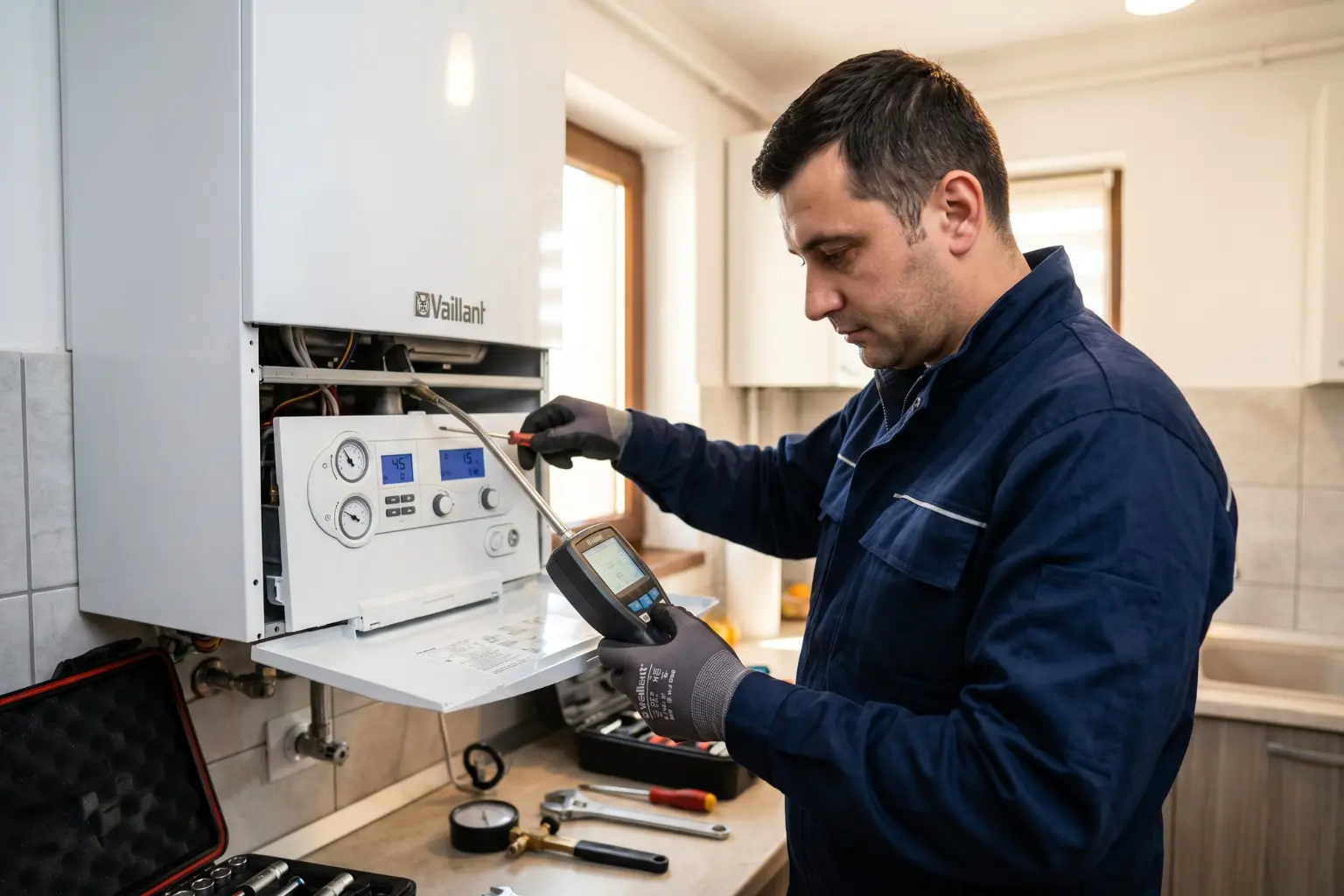 Un tehnician în uniformă albastră diagnosticând o centrală termică de perete marca Vaillant cu panoul frontal deschis, folosind un analizor electronic de gaze. Pe blat se observă truse de scule și manometre.